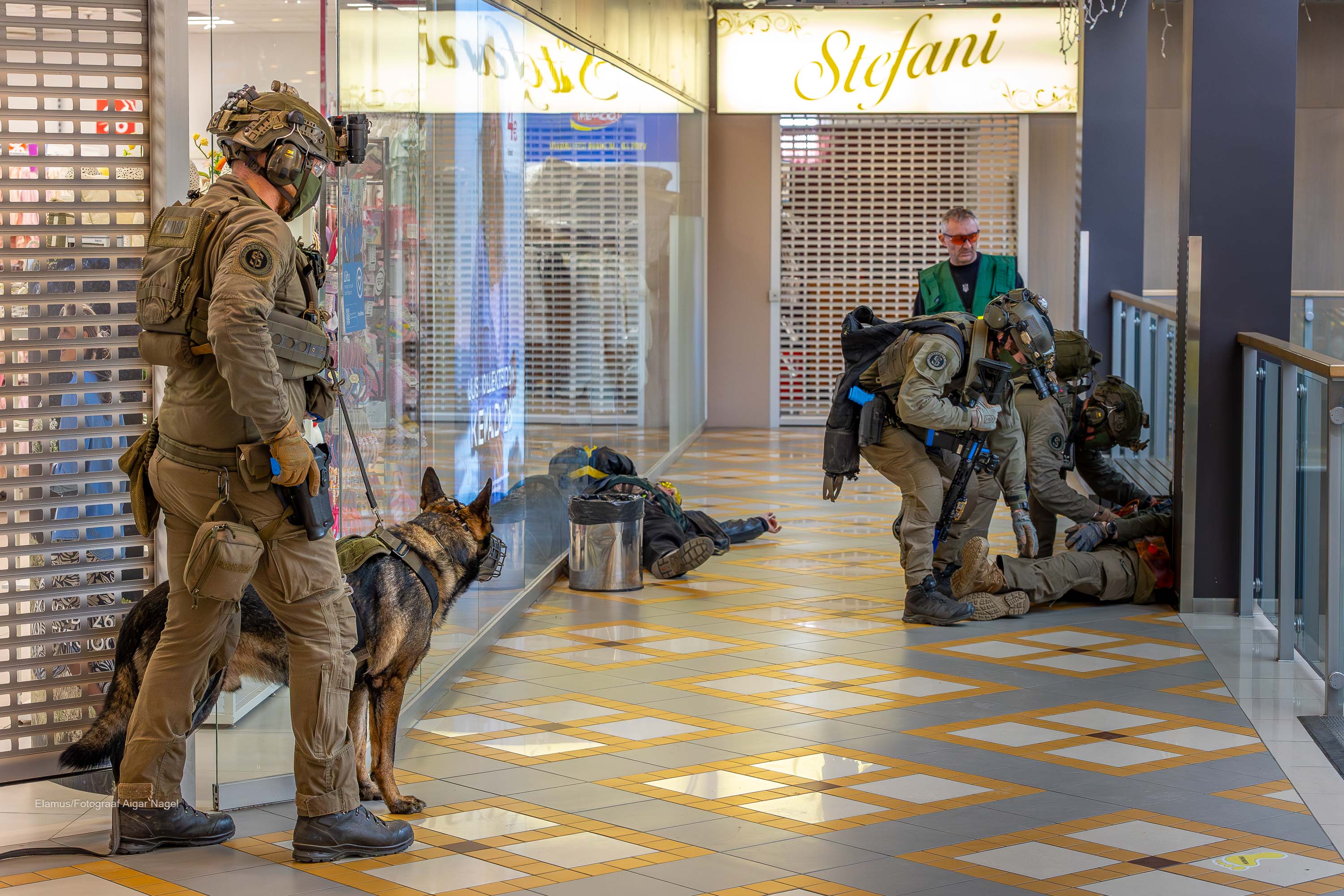 Kagukeskuses toimunud õppusel rullusid sündmused lahti läbi kolme korruse ning jõuti isegi katusele. Fotol politsei reageerimas sündmusele keskuse teisel korrusel. FOTOD: Aigar Nagel